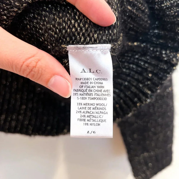 ALC Merino Wool Alpaca Blend Black Metallic Asymmetric Hem Designer Knit Sweater - Picture 5 of 8